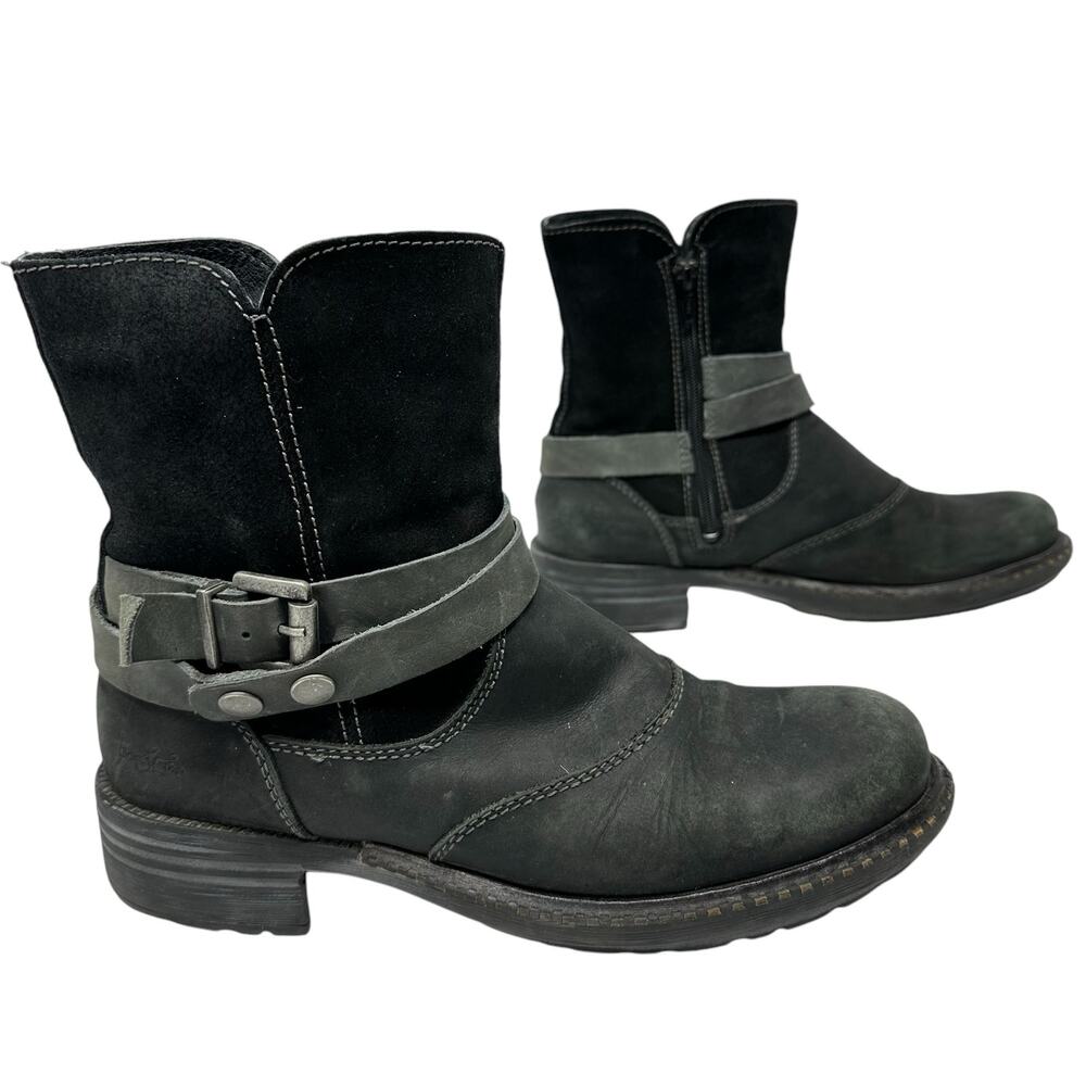 Bos. & Co. Devon Ankle Boots Womens 40/ 9.5 Black Leather Moto Harness Chunky